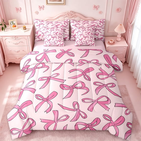 Manfei Cartoon Bow Tie 7-Piece Twin Bedding Sets,Cute Bowknot Ribbon Bedding Comforter Set,Girl Pink Sheet Sets For Teens,Luxury Bedroom Decor Reversible