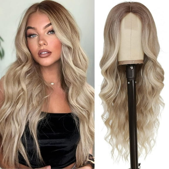 Long Blonde Wavy Wig for Women - 26 Inch Middle Part Curly Synthetic Heat Resistant Fiber Wig for Daily Party Use (Ombre Blonde)