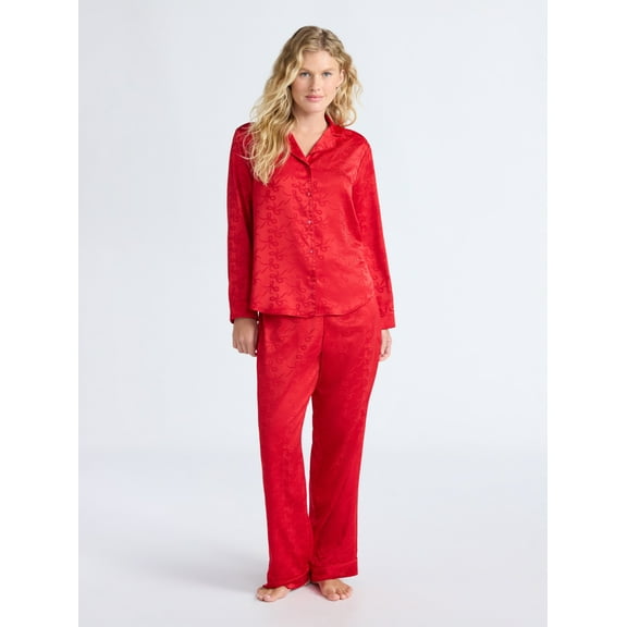 Joyspun Women’s Stretch Satin Notch Long Sleeve Top and Pants Pajama Set, 2-Piece, Sizes XS-3X