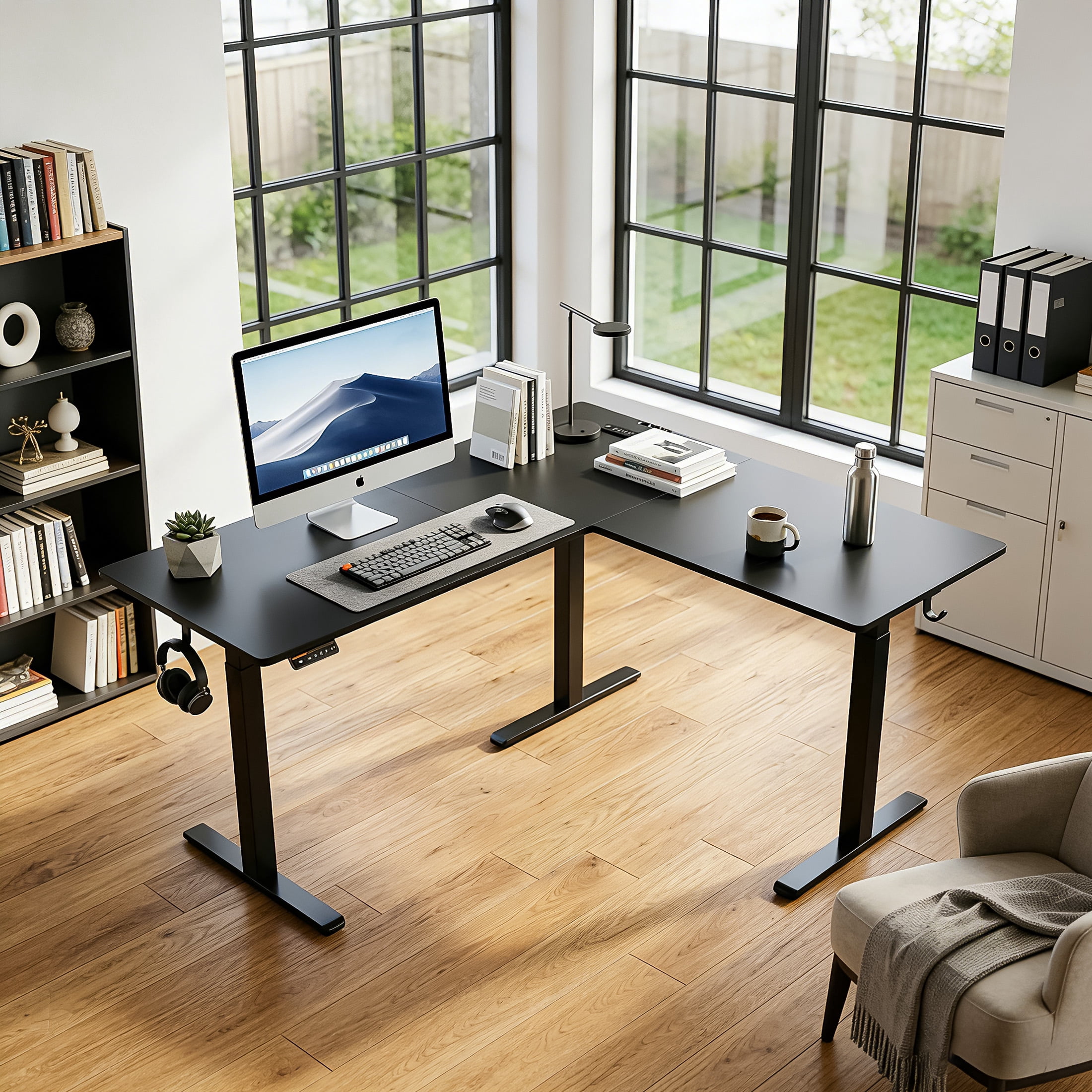 63"×55" Black L-Shaped Electric Height Adjustable Corner Desk, Standing Desk with Power Outlet, 3 Memory Presets & Child Lock for Home Office Gaming