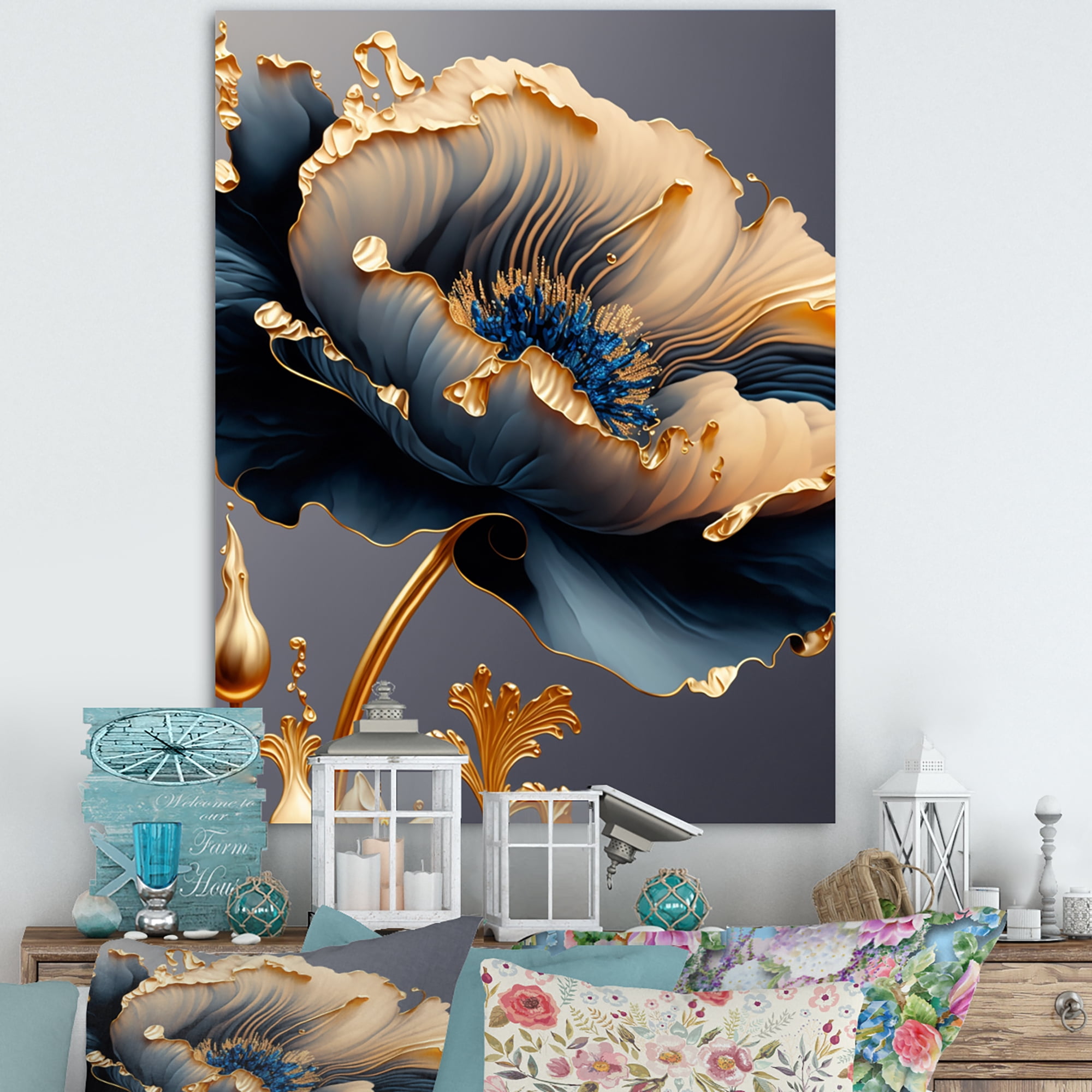 Designart Deep Blue And Gold Single Flower VI Canvas Wall Art