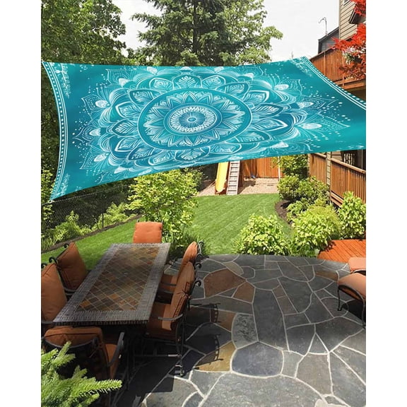 Turquoise Boho Sun Sail Shades Rectangle Canopy,Sunlight Block Heavy Duty Curved Backyard Shade Cover,Abstract Art Floral Ethnic Tribal Waterproof Sun Shades for Patios Garden Pergola 6.5'x10'