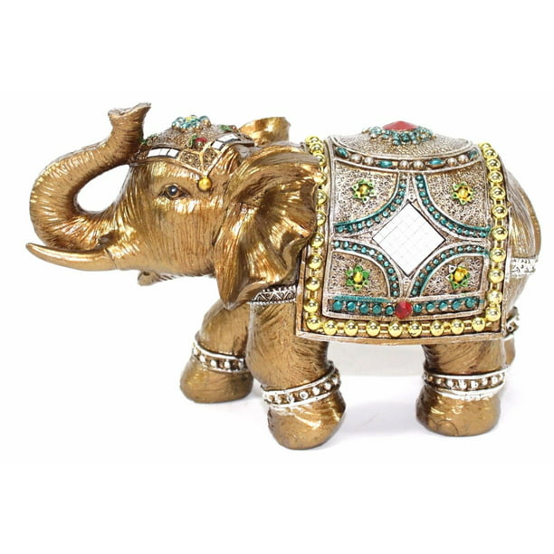 Feng Shui 7 Medium Gold Color Elegant Elephant Trunk Statue Lucky Figurine House Warming Gift Home Decor Com - Elephant Statue Home Decor