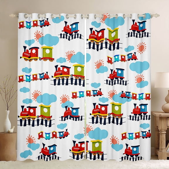 Homewish Kawaii Train Black Out Curtains,Cartoon Vehicles Car Curtains Pack of 2 (42x63 Each),Red Blue White Bedroom Curtains For Boys Teens,Microfiber Bedroom Decor