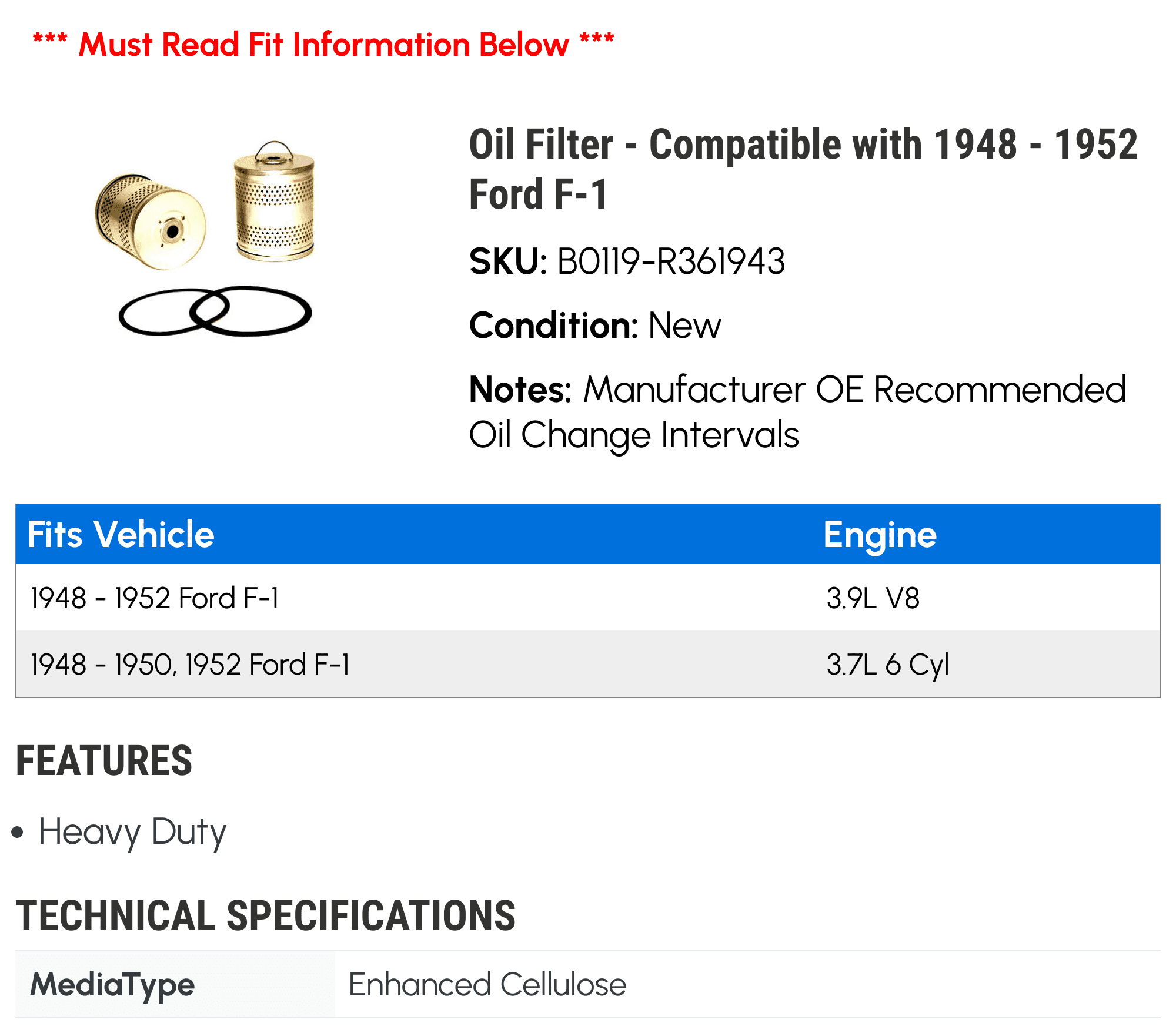 Oil Filter - Compatible with 1948 - 1952 Ford F-1 1949 1950 1951