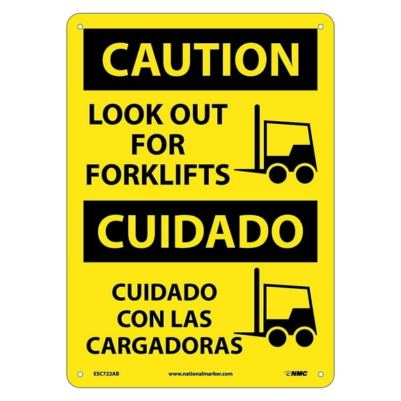 National Marker Caution Signs; Look Out For Forklifts Graphic Bilingual 14X10 .040 Aluminum ESC722AB