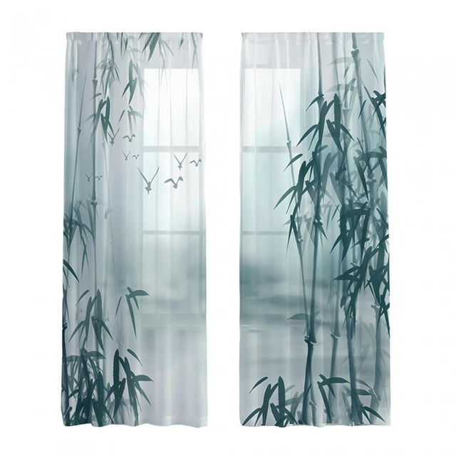 Cortina transparente con impresión digital de bambú con ojales, fácil de instalar y deslizar. 132x183cm