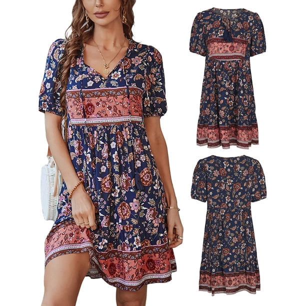 SAYOO Vestido de cintura alta con cuello en V y estampado de flores para mujer SAYOO Moda
