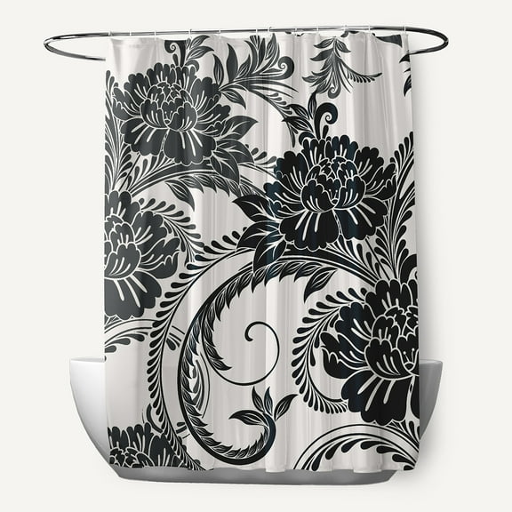 Simply Daisy 70" W x 73" L Flower Flourish Polyester Shower Curtain, Black [1 Ct]