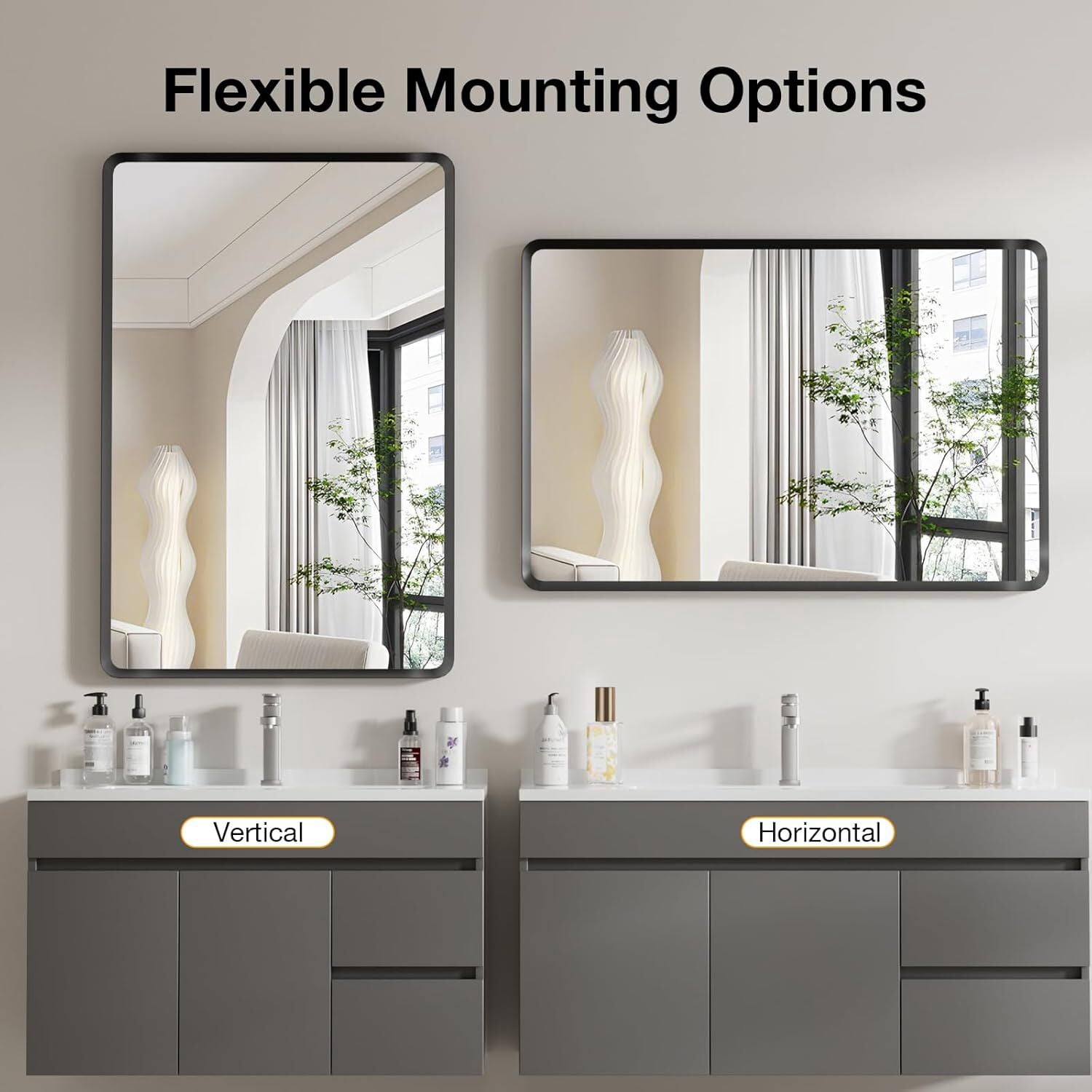 Mirstory 26.1"x 38.2" Wall Mirror Bathroom Vanity Mirror Rounded Corner With Aluminum Alloy Frame,Black