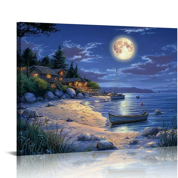 Patifu Beach Canvas Wall Art, Dark Blue Ocean Moon Night View Wall Pictures Canvas Print Coastal Wall Paintings for Bedroom Living Room Kitchen Home Office Decor 20x16in