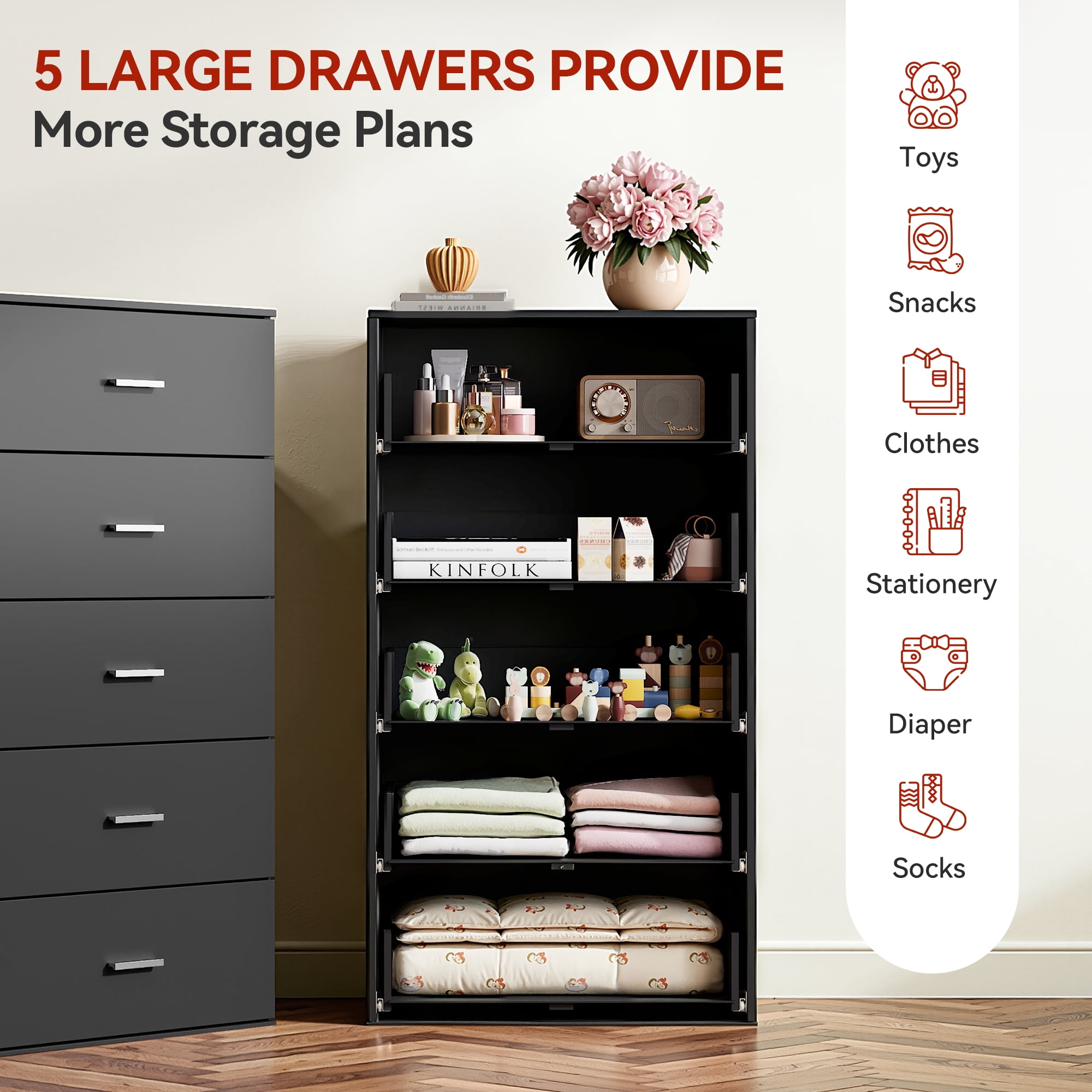 GALAXHERO 5 Drawers Dresser, Chest of Drawers for Bedroom, Tall Wood Storage Cabinet with Metal Handle for Living Room, Closet, Hallway, Black