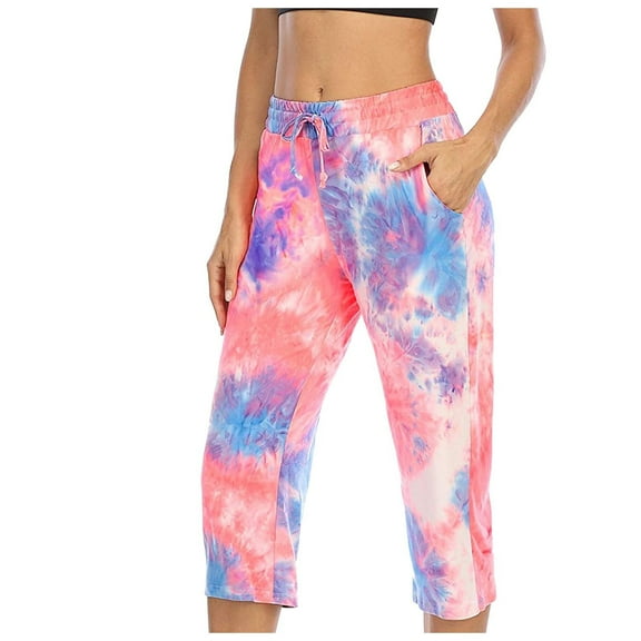 IROINNID Skinny Pants For Women Elastic Waist Fashion Tie-dyed Drawstring Cropped Casual Trendy Trousers Tie-Dye Capri