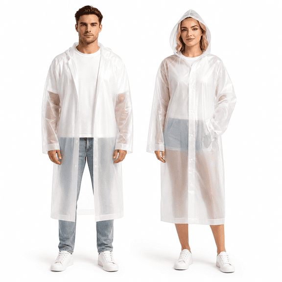 Fyniora Reusable EVA Rain Ponchos for Adults, 2-Pack Waterproof Emergency Raincoats Portable Waterproof Rain Gear with Hood and Elastic Sleeves for Men & Women, Outdoor Travel Hiking Camping, White