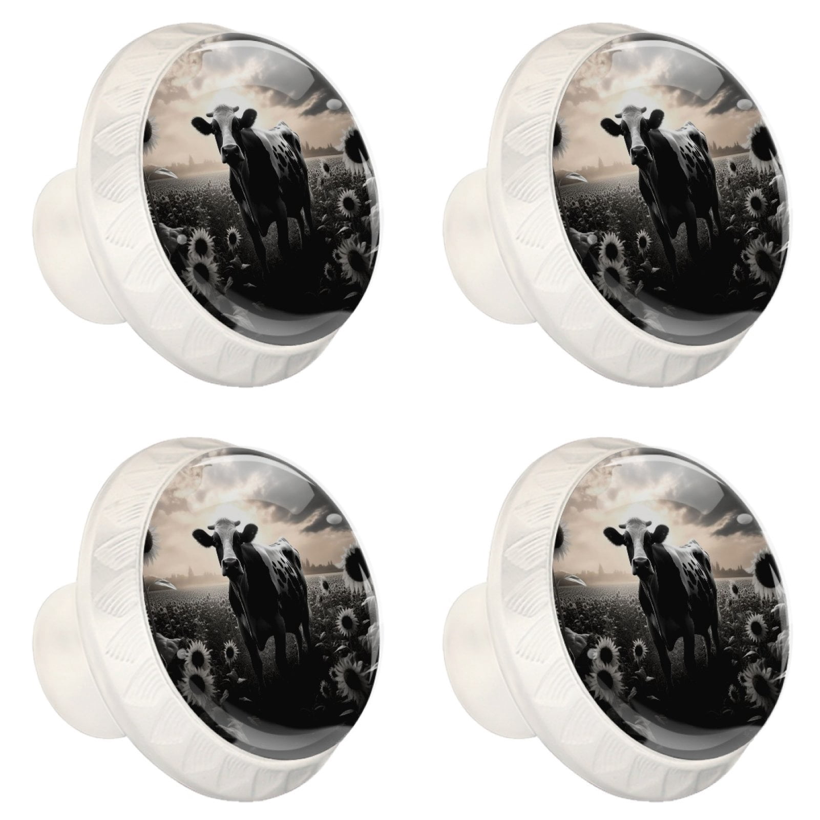 4 Pcs Cow and Sunflower Knobs for Kitchen Cabinet Cupboard Dresser Bookcase Drawer Pulls Handles Round Home Decor
