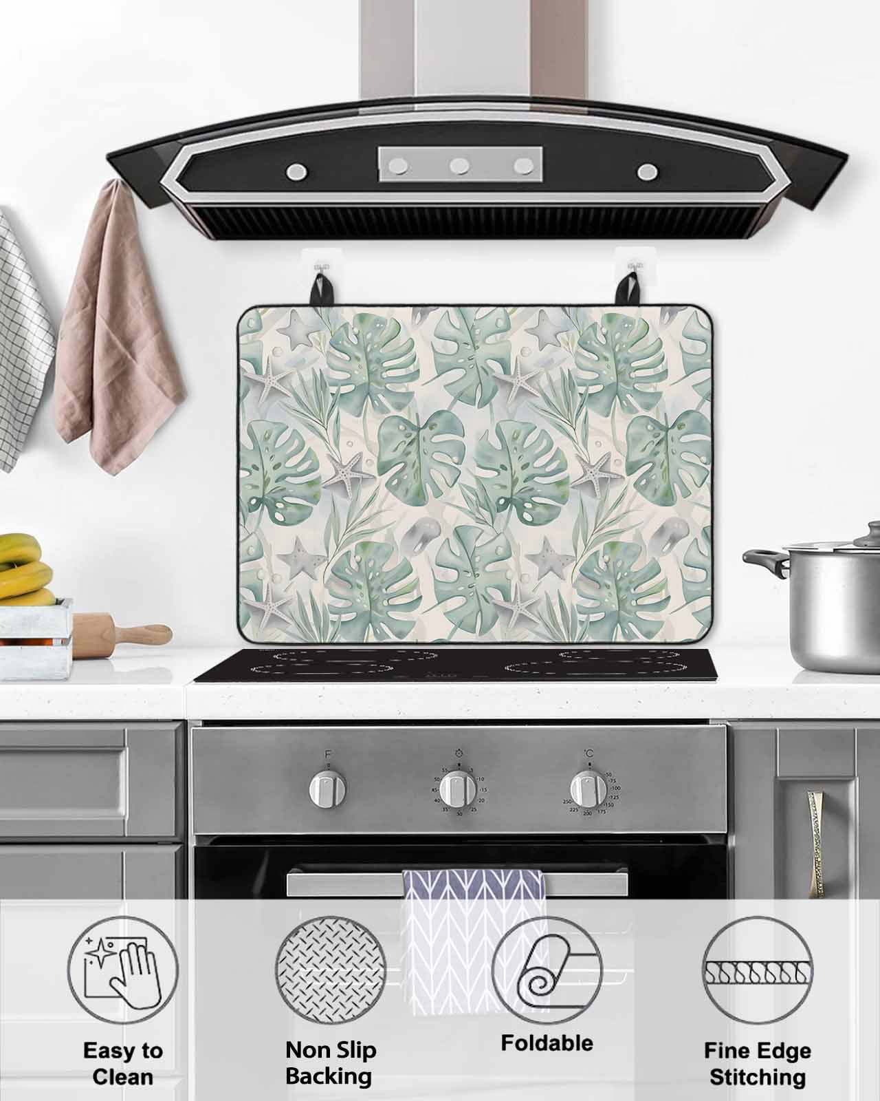 nqOlkjepod Large Induction Cooktop Protector Mat 36"x21", Green Palm Leaves Stove Top Covers for Electric Stove, Summer Starfish Tropical Plants Stove Burner Cover Mats, Glass Top Stove Cover