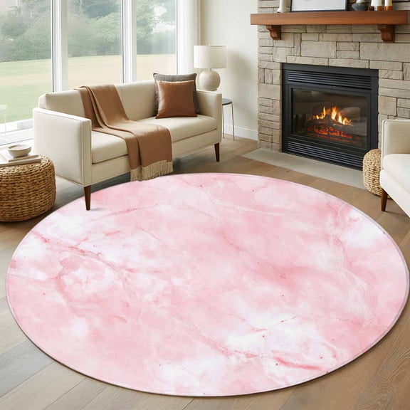 Large Round Rug 8Ft Washable Non-Slip, Pink Marble Circle Area Rugs for Living Room Bedroom, Modern Abstract Art Elegant Indoor Floor Mats Carpet Runner for Home Decor
