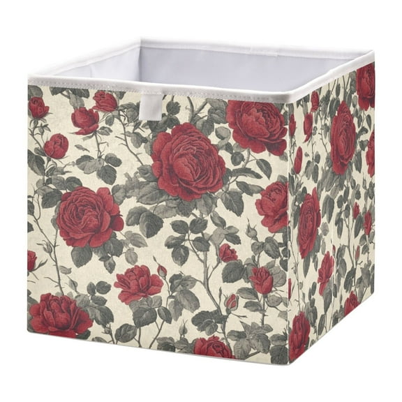 WOBOGO Red Rose Storage Basket Foldable Easy to Clean Durable with Hollow Support Plate with Handle 11.02×11.02×11.02 in