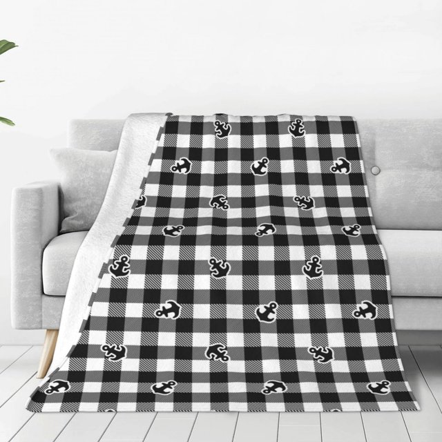 Fotbe Anchor Black Tartan Plaid Manta de Franela Acolchonada con Estampado, Súper Suave y Esponjosa, Extra Grande para Sofá, Cama, Uso Todo el Año-40"x30"