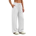 thumbnail image 7 of Womens Loose Casual Wide Leg Pants Solid Elastic Drawstring Waist Sweat Trousers with Pockets, Breathable Comfy Bottoms for Indoor Rest and Outdoor Activities S-3XL White, 7 of 7