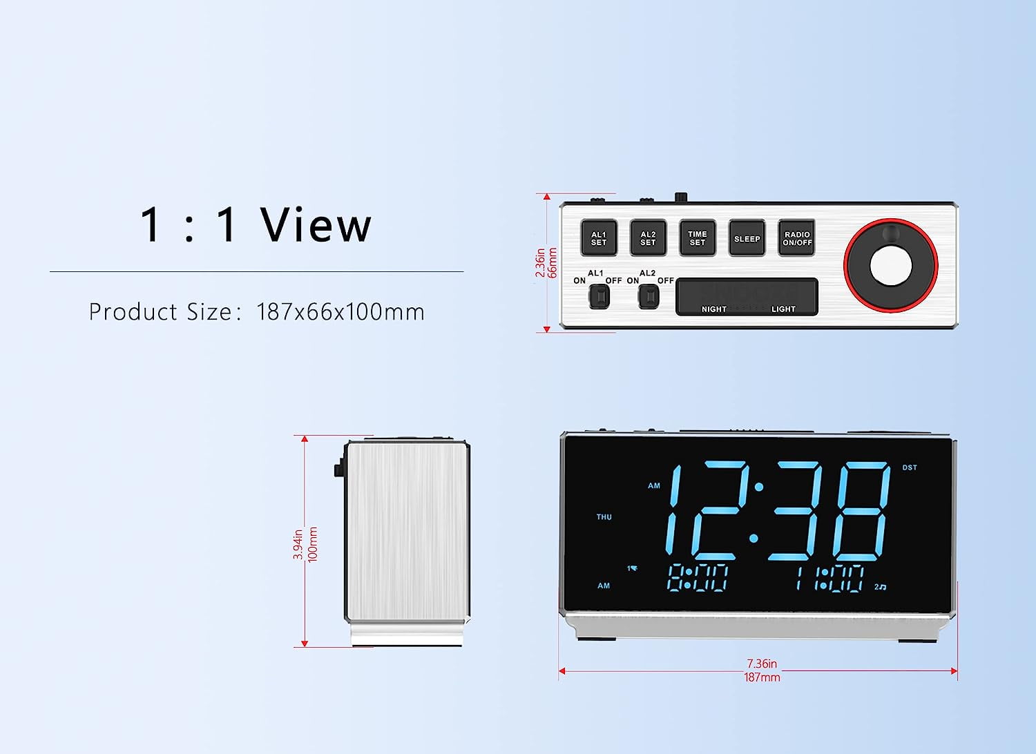 Alarm Clock with FM Radio, USB Charging, 1.8'' Ice Blue LED Display, Night Light, Dual Alarm, Snooze, Dimmer Control, Bedside Office Electronic Clock iTOMA CKS508