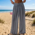 thumbnail image 2 of Women's Linen Pants High Waisted Pant Summer Casual Wide Leg Drawstring Trousers Beach Vacation Clothes by Yigetop Dark Gray 3XL, 2 of 7
