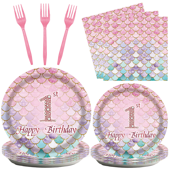 96Pcs 1th Birthday Theme Decoration Party Plates, Birthday Party Mermaid Plate Tableware Set for Birthday Party Dinner Plates Dessert Plates Napkins Forks 24 People