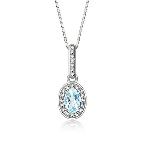 RYLOS Necklace Sterling Silver 925 Halo Designer Necklace with Gemstone &  Diamonds with 18" Chain 6X4MM Aquamarine March Birthstone Womens Jewelry Silver Necklace