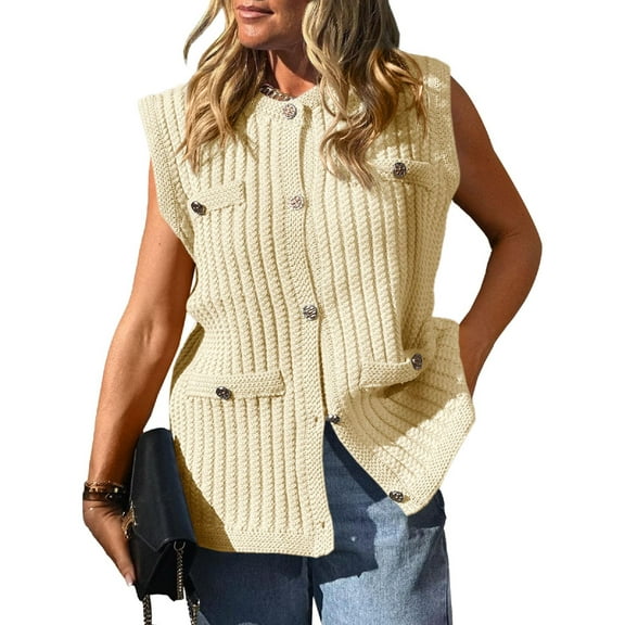 Women's Sleeveless Sweater Vest with Button Up Cable Knit Crew Neck Trendy Casual Loose Summer Cardigan