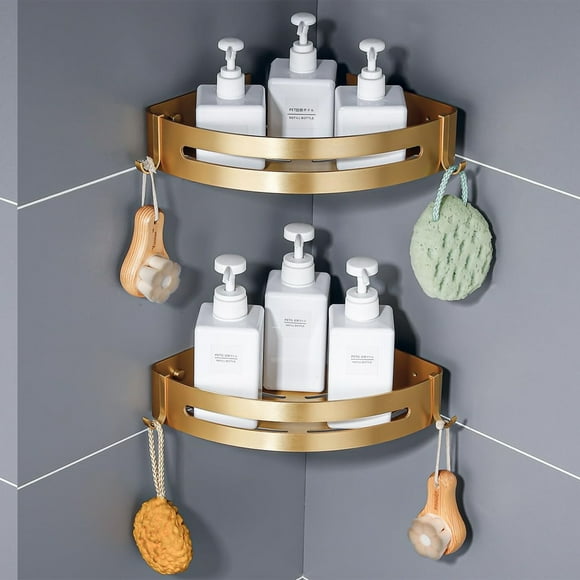 LuxShower Brushed Gold Corner Caddy - 2 Pack Bathroom Shelves & Shampoo Holder, Adhesive or Drill Mount