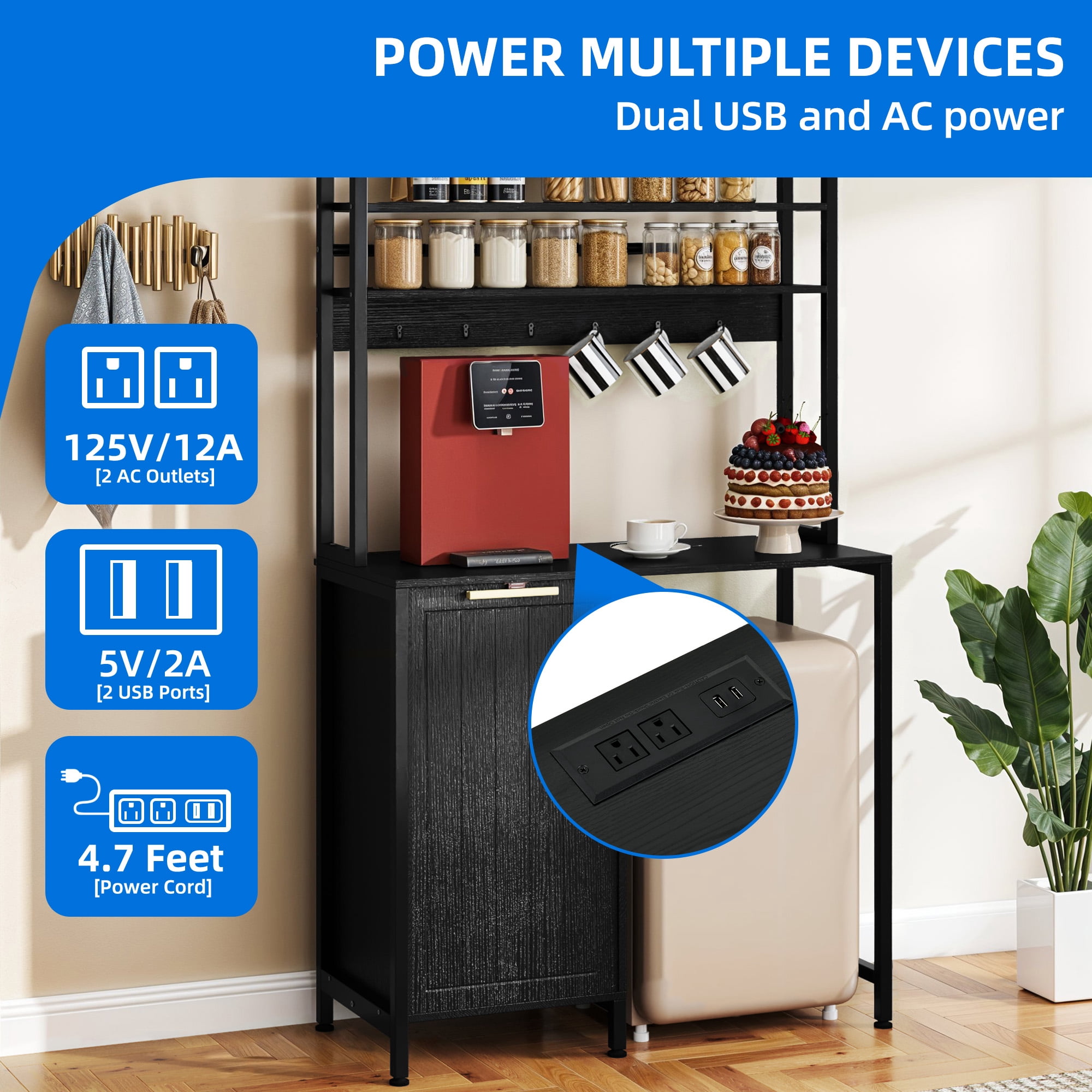 DEXTRUS 63" Bakers Rack with Power Outlets, Mini Fridge Stand with Cabinet for 10-gal Bin, Black