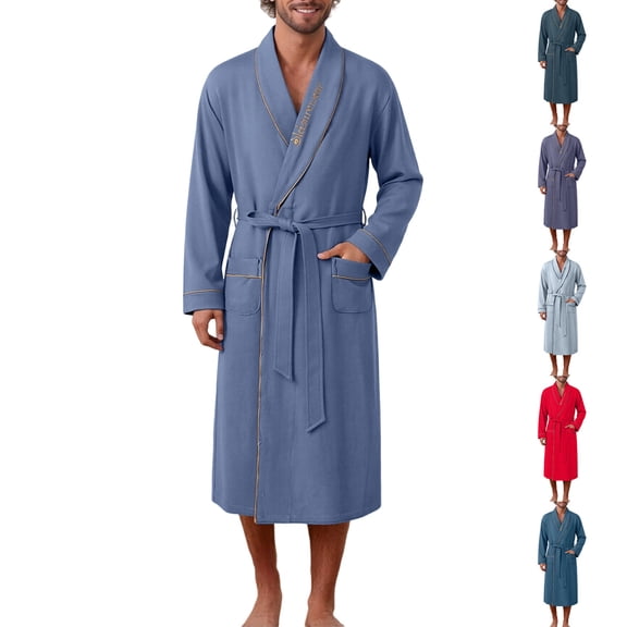 LWFFDAW Mens Midi Robes Lightweight Long Sleeve Collar Bathrobe Loose Home Spa Loungewear Bath Robe with Pockets