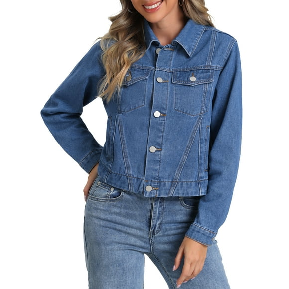 INSPIRE CHIC Denim Jacket for Women's Casual Collar Long Sleeve Button Down Jean Denim Jacket Blue S