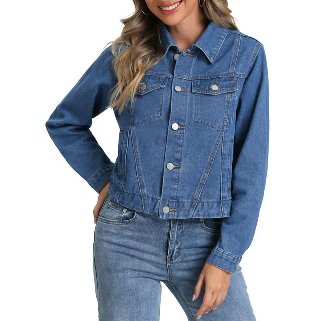 Chaqueta de mezclilla INSPIRE CHIC para mujer, con cuello casual, de manga larga y botones L Azul
