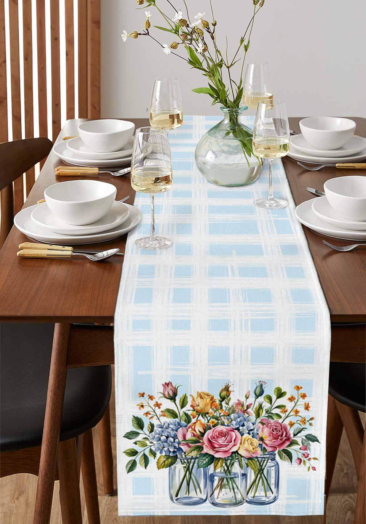 Pink Spring Floral Table Runner Blue Plaid Farmhouse Watercolor Flowers Tablerunners 14 x 72 Inch, Table Decorations Tabletop Scarf for Summer Gathering Holiday Farmhouse Kitchen Dining Decor