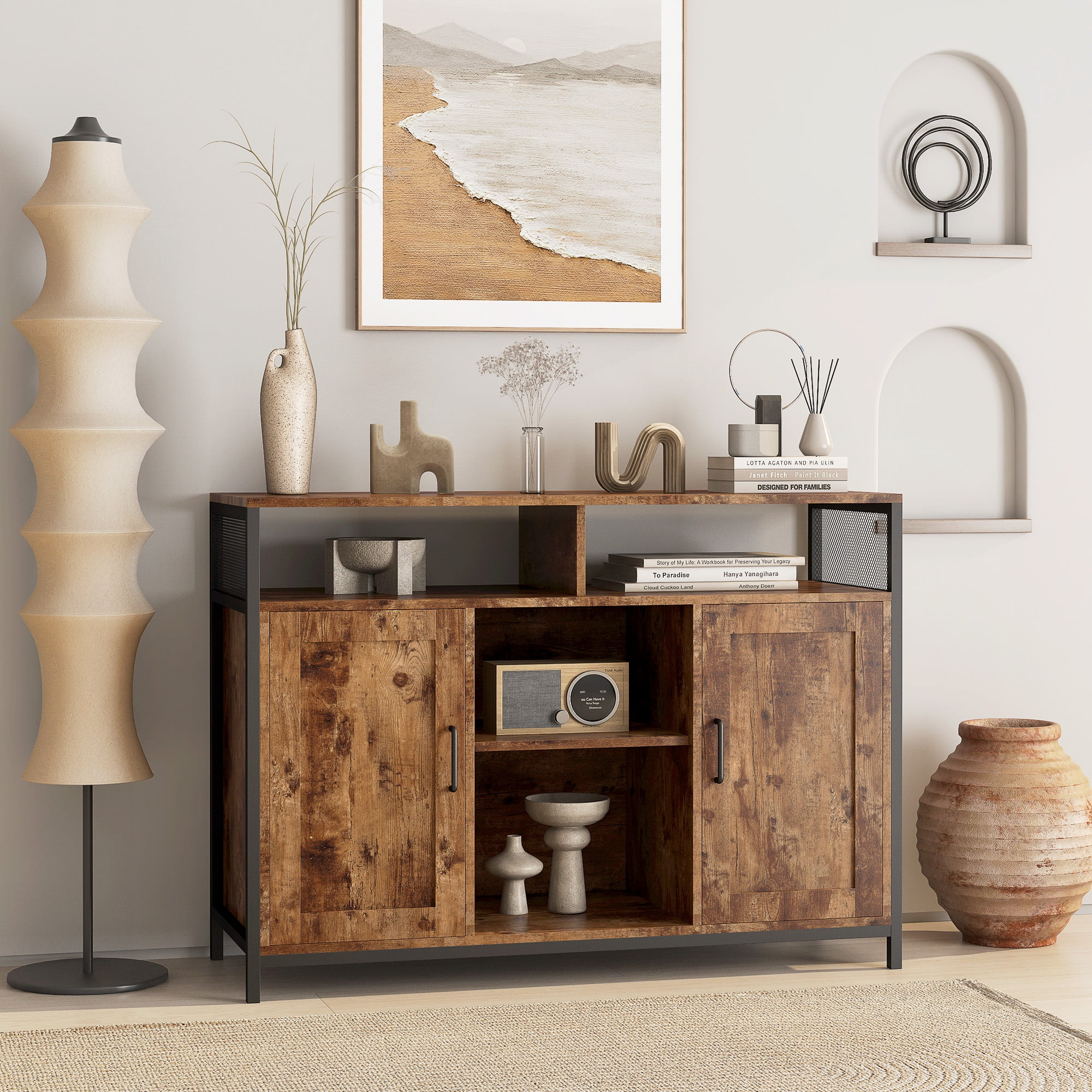 Kadyn 43.7" Sideboard Buffet Cabinet, Kitchen Storage Cabinet with Open Shelves and Doors for Dining Room, Rustic Brown TV Stand Kadyn 43.7" Sideboard Buffet Cabinet, Kitchen Storage Cabinet with Open Shelves and Doors for Dining Room, Rustic Brown TV Stand
