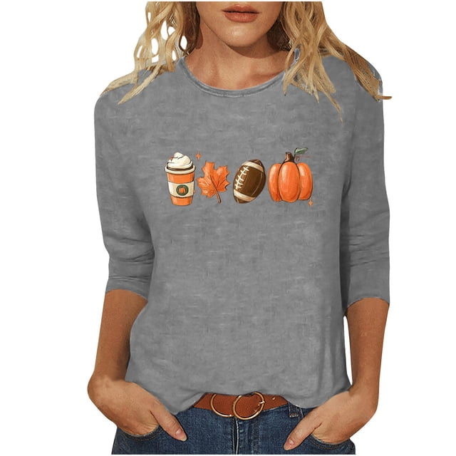 KIHOUT Hauts en Liquidation, Chemises à Manches 3/4 pour Femmes Blouse Imprimée Graphique d'Automne Col Rond T-shirts Décontractés Amples Chandails en Molleton Blouse