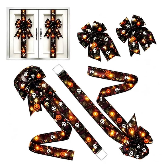 Halloween Cabinet Bows,Light‑Up Halloween Ribbon Bow,Lighted Halloween Cabinet Ribbon Bowknot,Battery‑Powered Cabinet Door Bow Ornament,Halloween Decoration for Porch,Front Door,Window