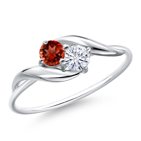 Gem Stone King 10K White Gold Round Red Garnet and Moissanite Ring for Women (0.36 Cttw, Round 3.5MM, Gemstone January Birthstone, Size 5)