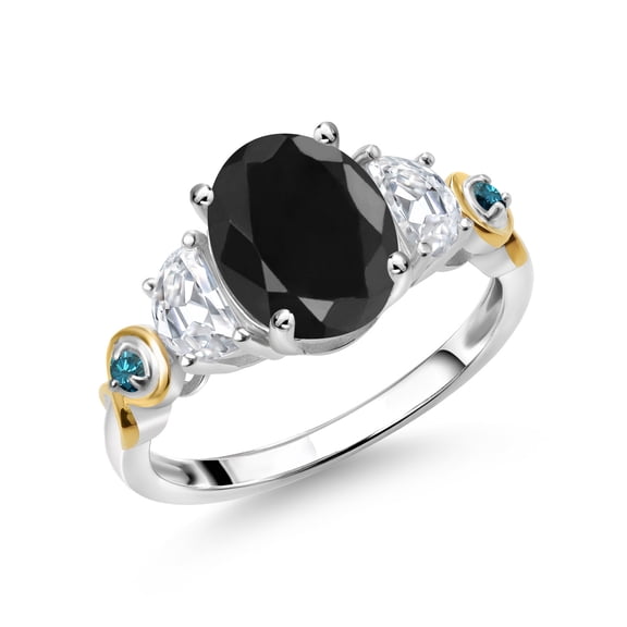 Gem Stone King 925 Silver and 10K Yellow Gold 3-Stone Ring Oval Black Sapphire and Moissanite (3.01 Cttw, Size 7)