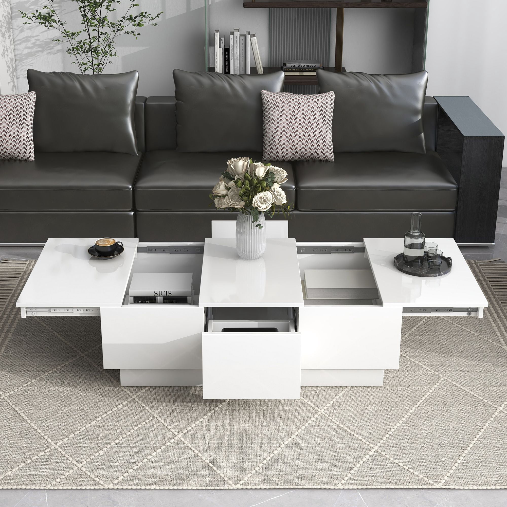 DEALTOPS Modern Coffee Table with Sliding Top and 2 Hidden Storage Compartments, High-gloss End Table with 2 Drawers for Living Room -White