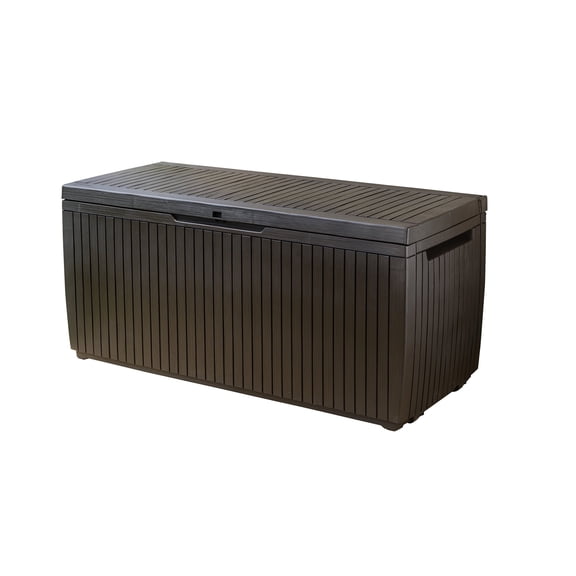 Keter Springwood 80 Gallon Plastic Deck Box, Resin Patio Storage Bench Box