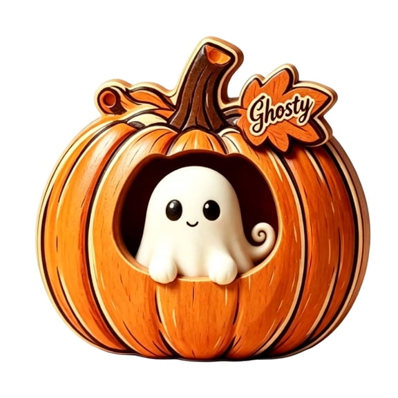 Halloween Wooden Pumpkin Tabletop Decor, Cute White Ghost Wood Cutout Ornament Fall Harvest Indoor Desk Mantel Home Decoration, 5.91in x 4.72in