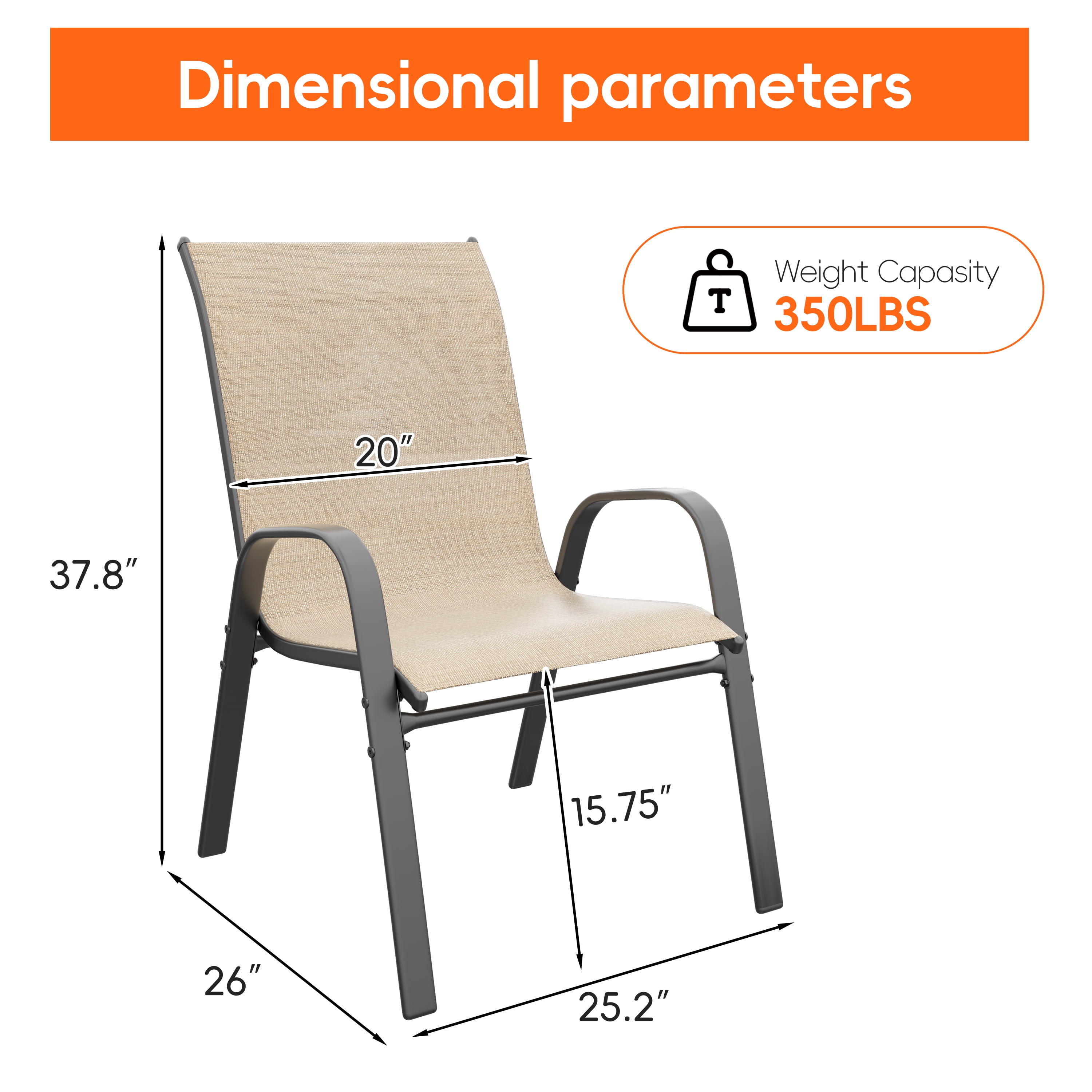 Patio Chairs Set of 2, Outdoor Lightweight Stackable Dining Chairs w/All-Weather Textilene Fabric & Metal Frame, 350LBS Capacity, Outdoor Furniture for Pool Deck, Backyard, Garden(Brown)