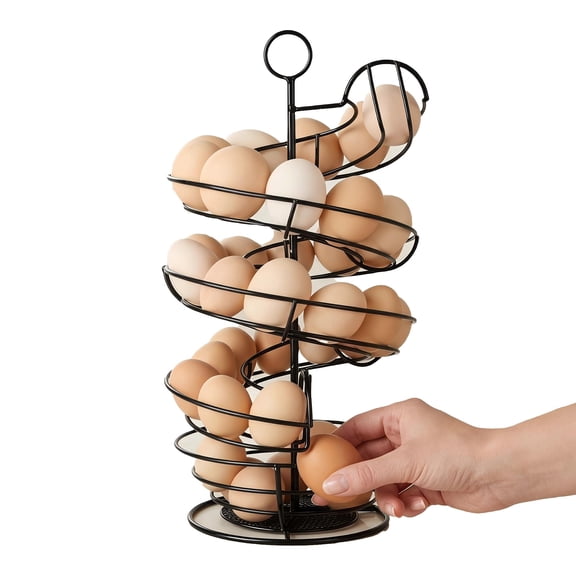 Black Metal Egg Holder Countertop, Fresh Egg Skelter, Spiral Design Egg Dispenser Rack with Storage Basket for Kitchen