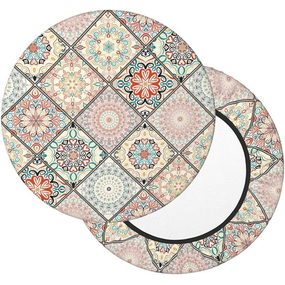 Boho Chic Retro Floral Bohemian Round Chair Cover Bar Stool Cushion Soft Rolling Swivel Seat Slipcover Velvet Covers with Elastic for Living Dining Room Office Salon Kitchen - 14 Inch