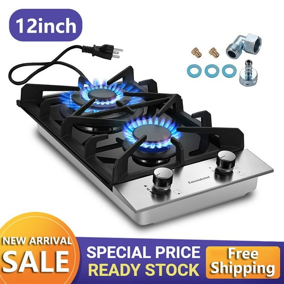 2-Burners 12inch Gas Cooktop Eascookchef Tempered Glass NG/LPG Convertible New