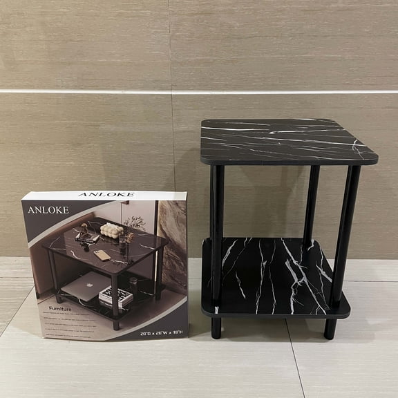 ANLOKE Furniture,Side Table 20 Inch Square, 2-Tier Coffee Tea End Table Nightstands for Sofa Couch Bed, Metal Wood Accent Modern Simple Industrial Style Side Table for Living Room Bedroom, Black