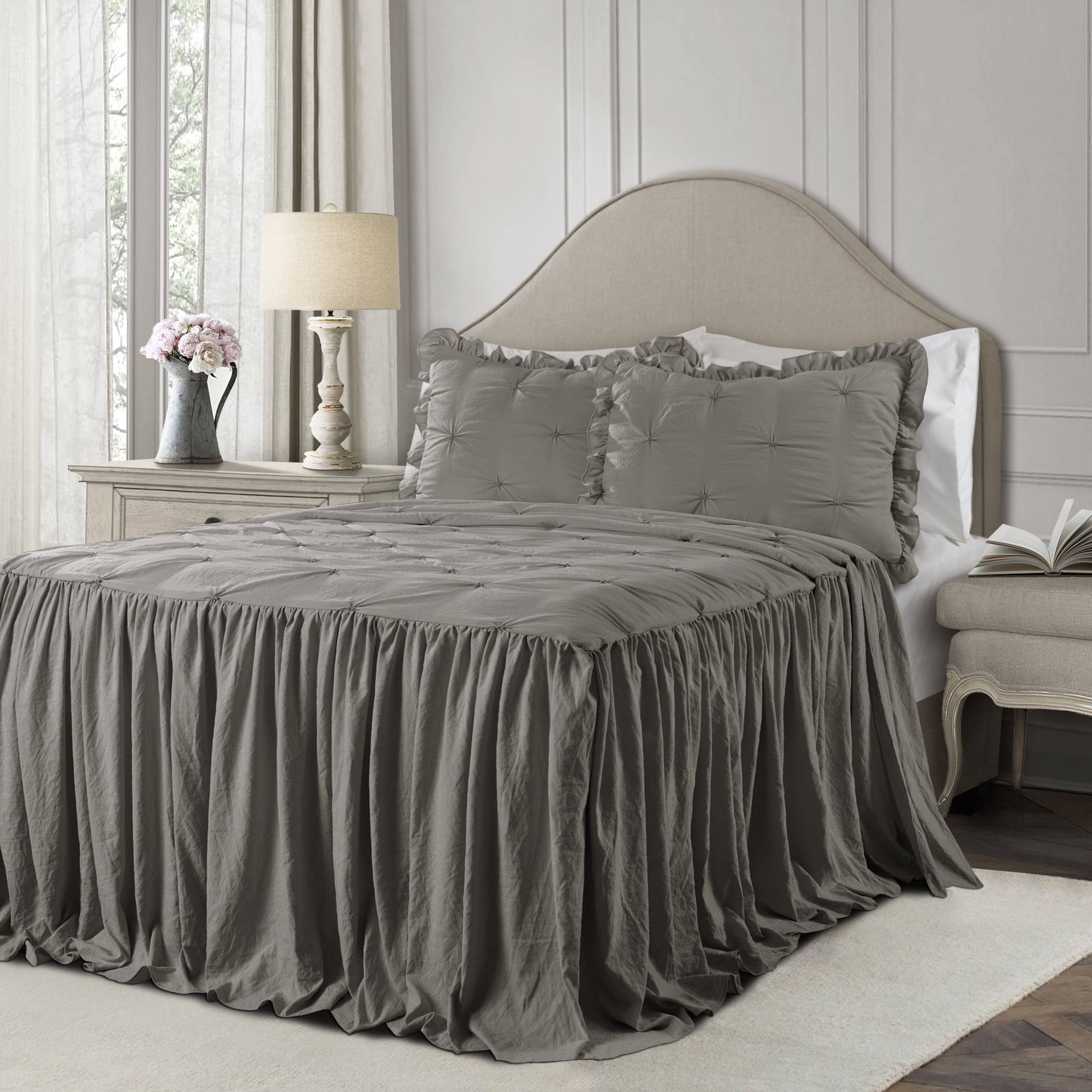 Lush Decor Ravello Pintuck Polyester Bedspread, King, Dark Gray, 3-Pc Set