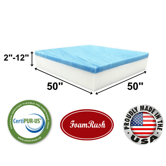 FoamRush 2" x 50" x 50" Cool Gel Memory Foam Seat Cushion Replacement Medium Firm (Upholstery Foam, Seat Replacement, Upholstery Sheet, Foam Rubber Padding, Couch, Sofa Cushion, Mattress)Made in USA